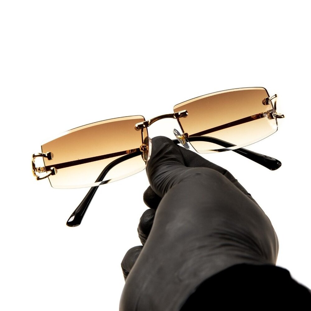 Narrow Rimless Gold Frame Stylish Light Brown Gradient Tinted Lens Sunglasses - Picture 2 of 6